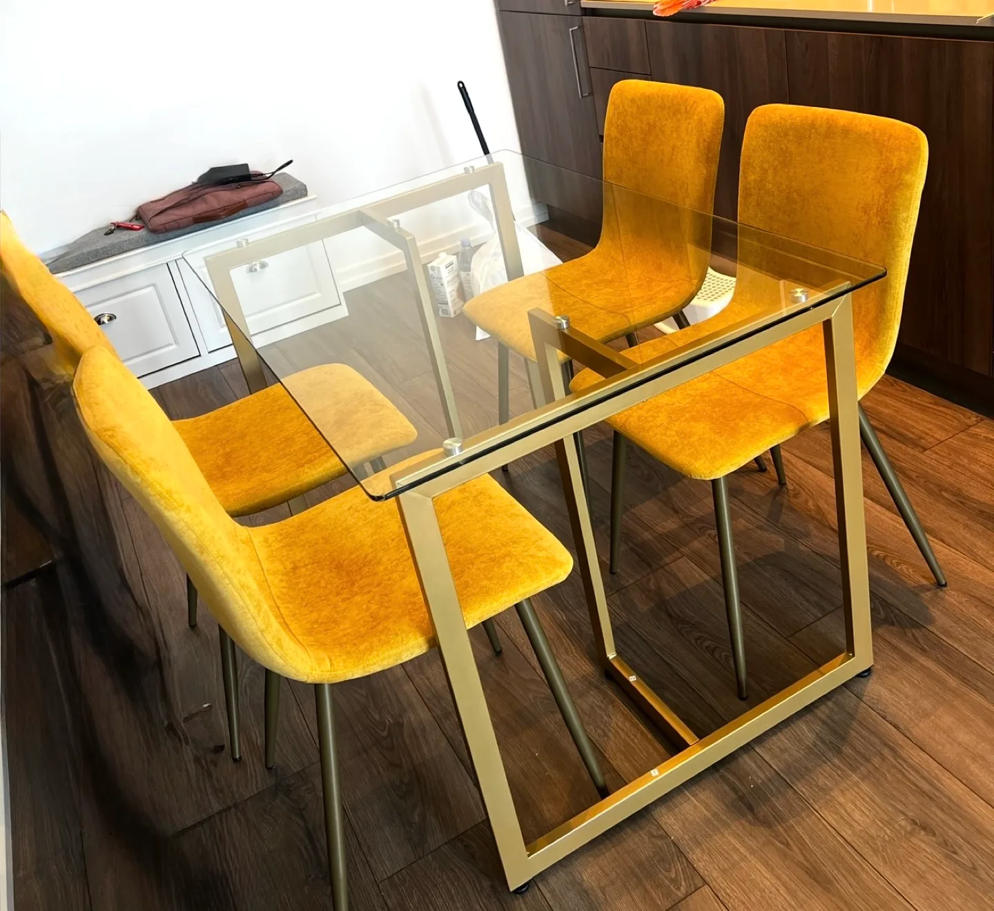 Glass Dining Table with 4 Yellow Chairs image indicator(4)