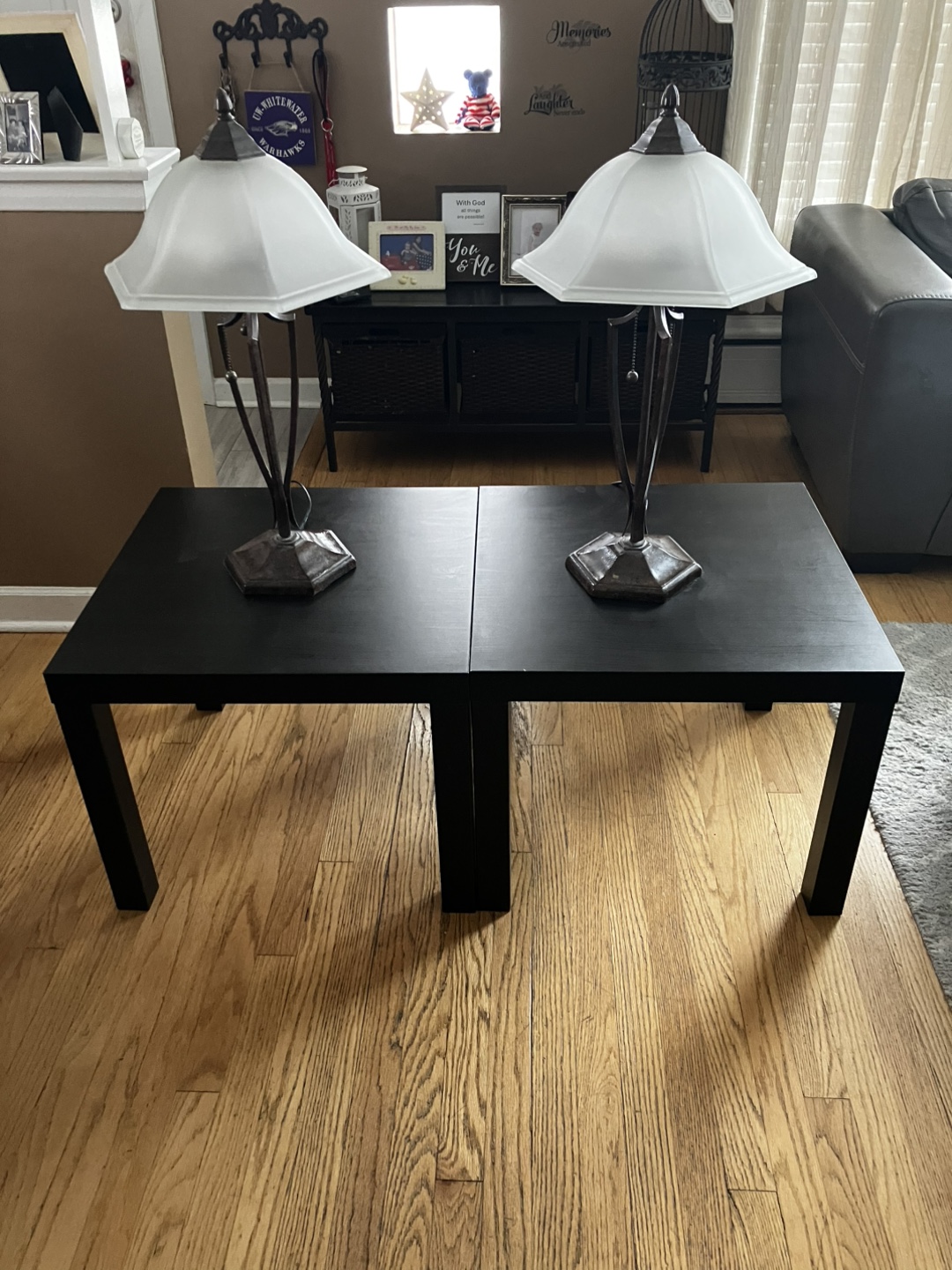 Two end tables and two working wrought iron lamps