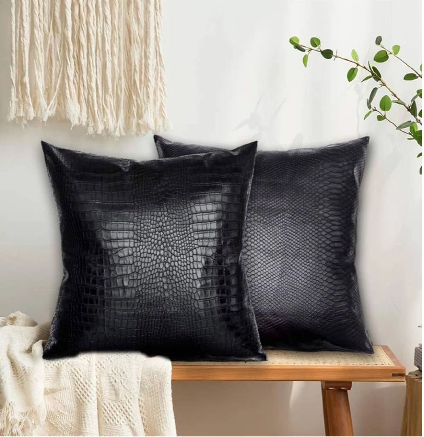 2 Black Crocodile Skin Faux Leather Pillow Covers 20x20 image indicator(2)