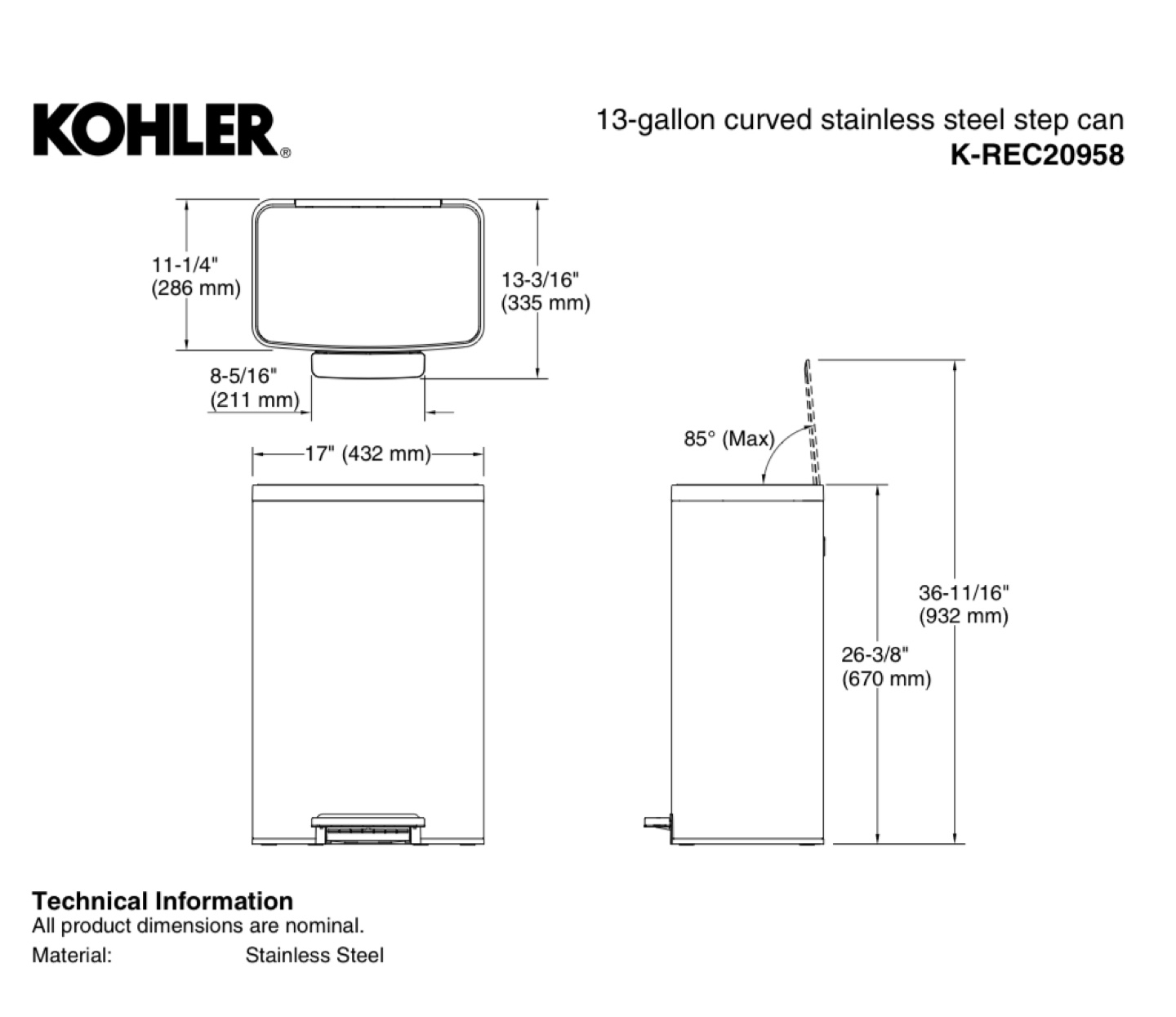 KOHLER 13-Gallon Stainless Steel Step Can - photo 5