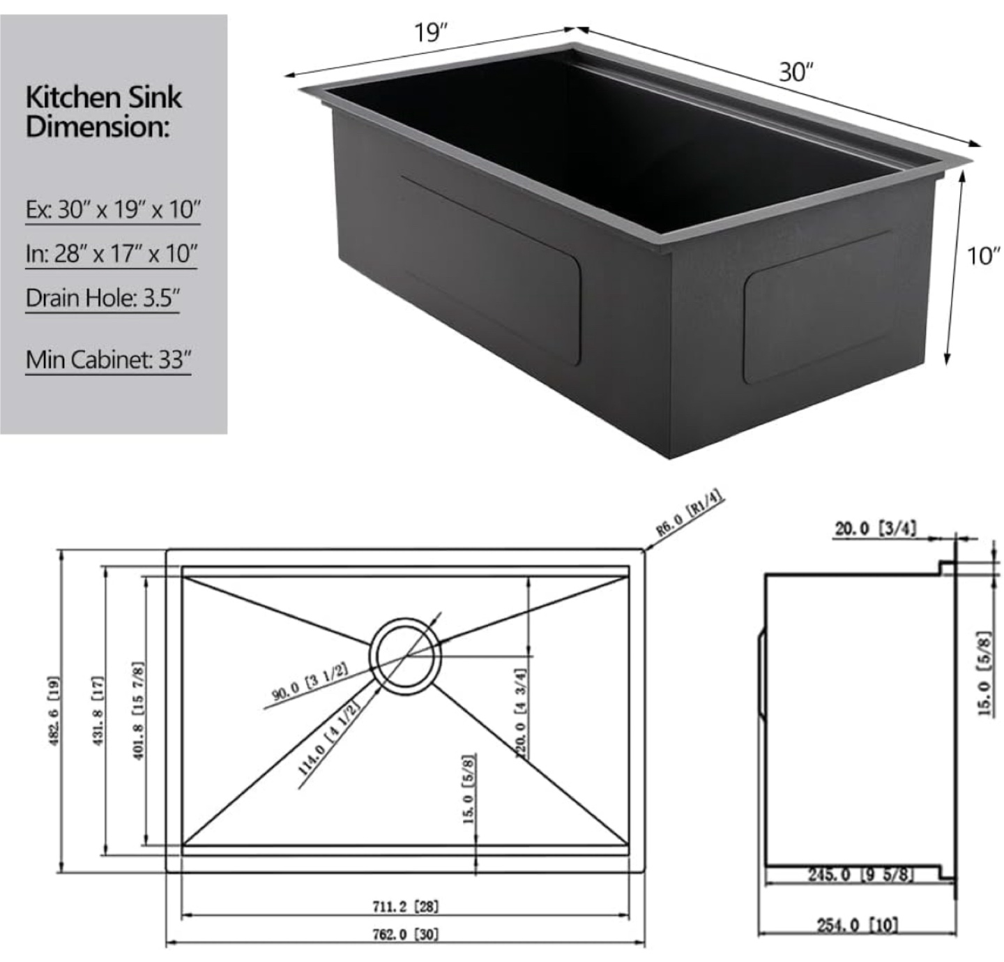 30” x 19” Undermount Kitchen Sink, Handmade Stainless Steel NEW - photo 4