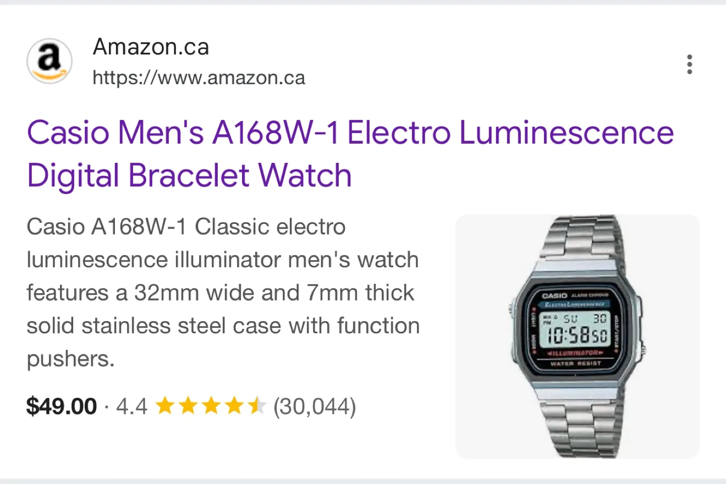 New Casio A168W-1 Electro Luminescence Digital Watch thumbnail