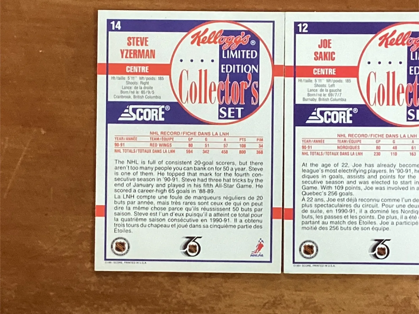 1991-92 SCORE Kellogg’s Joe Sakic#12 & Steve Yzerma#14 Cards image indicator(5)