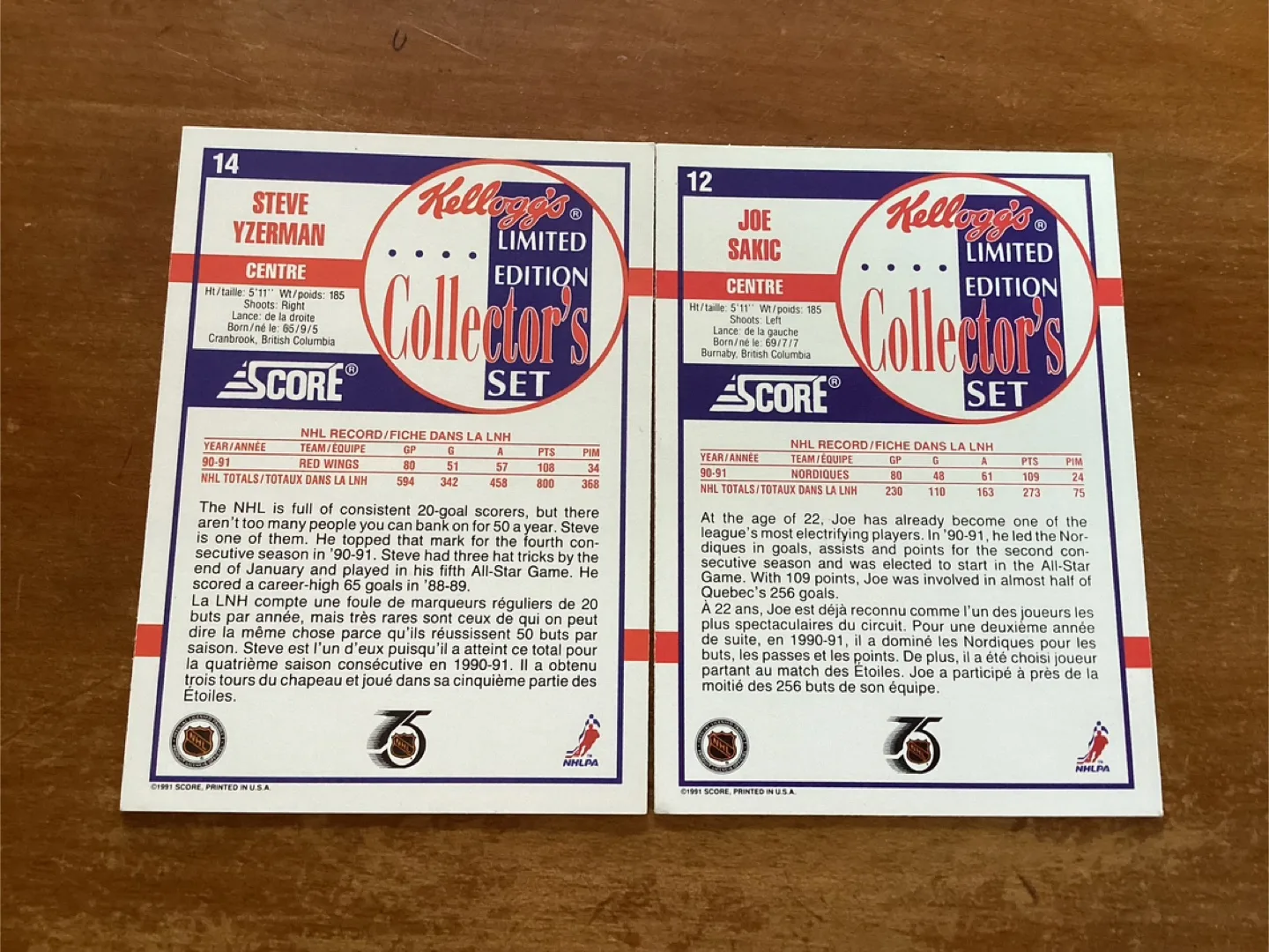 1991-92 SCORE Kellogg’s Joe Sakic#12 & Steve Yzerma#14 Cards image indicator(4)