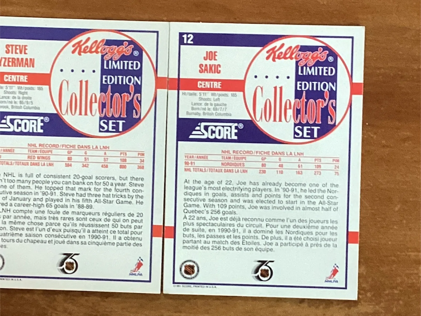 1991-92 SCORE Kellogg’s Joe Sakic#12 & Steve Yzerma#14 Cards image indicator(6)