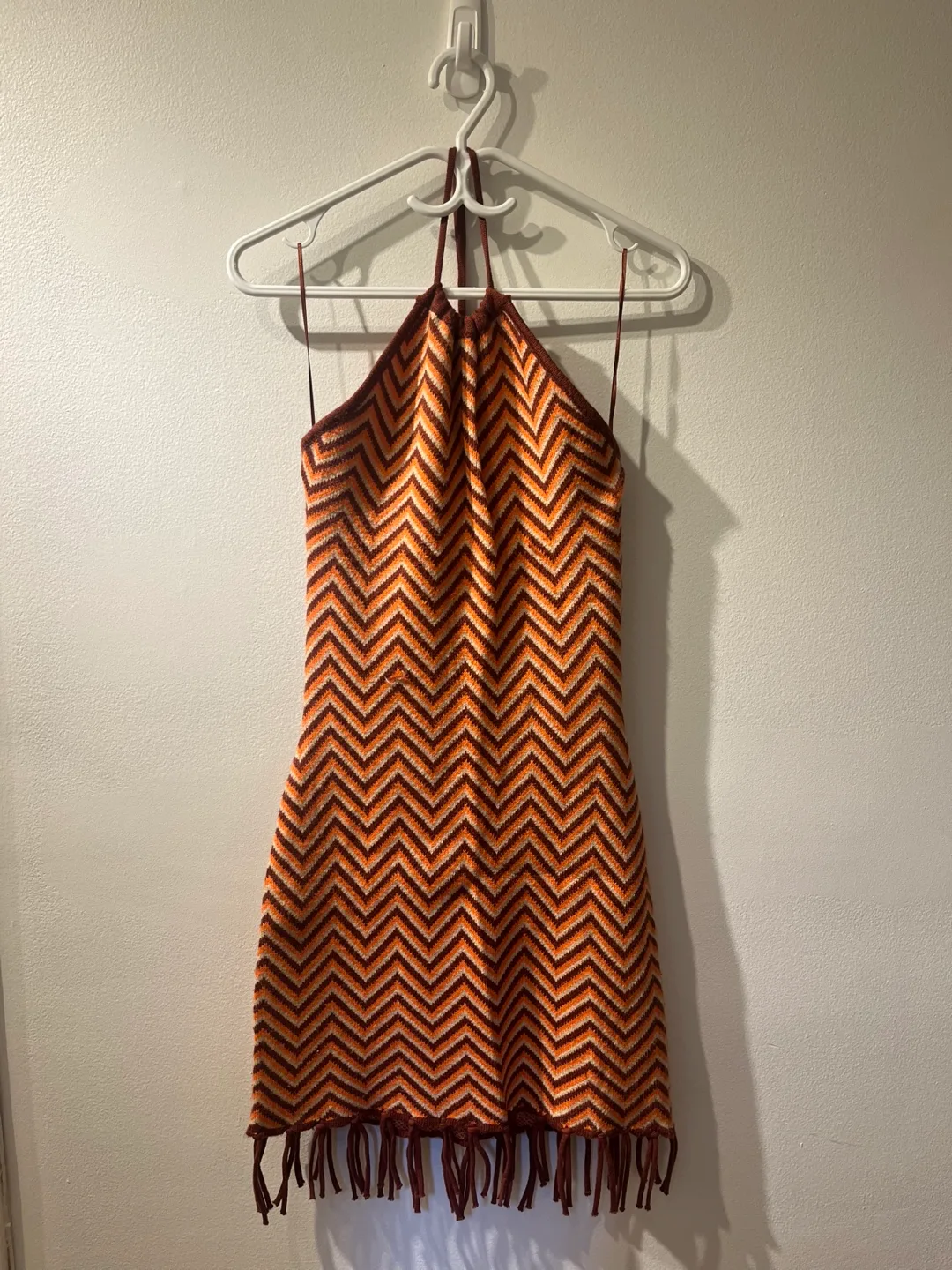 Chevron Halter Dress - Orange, Brown, Beige thumbnail