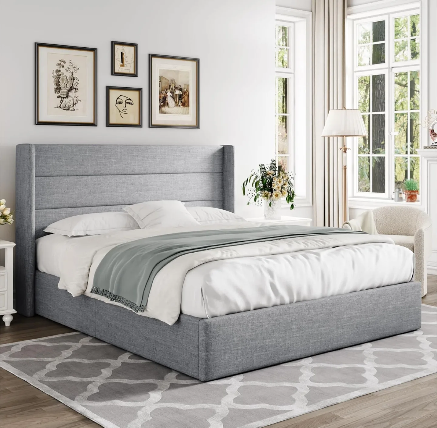 Size Queen Gray Upholstered Platform Bed Frame with Storage thumbnail