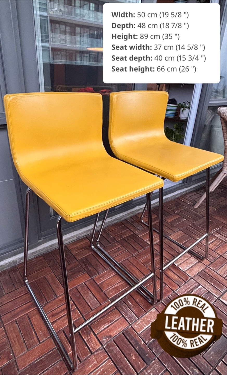 Set of 2 Yellow Leather Bar Stools