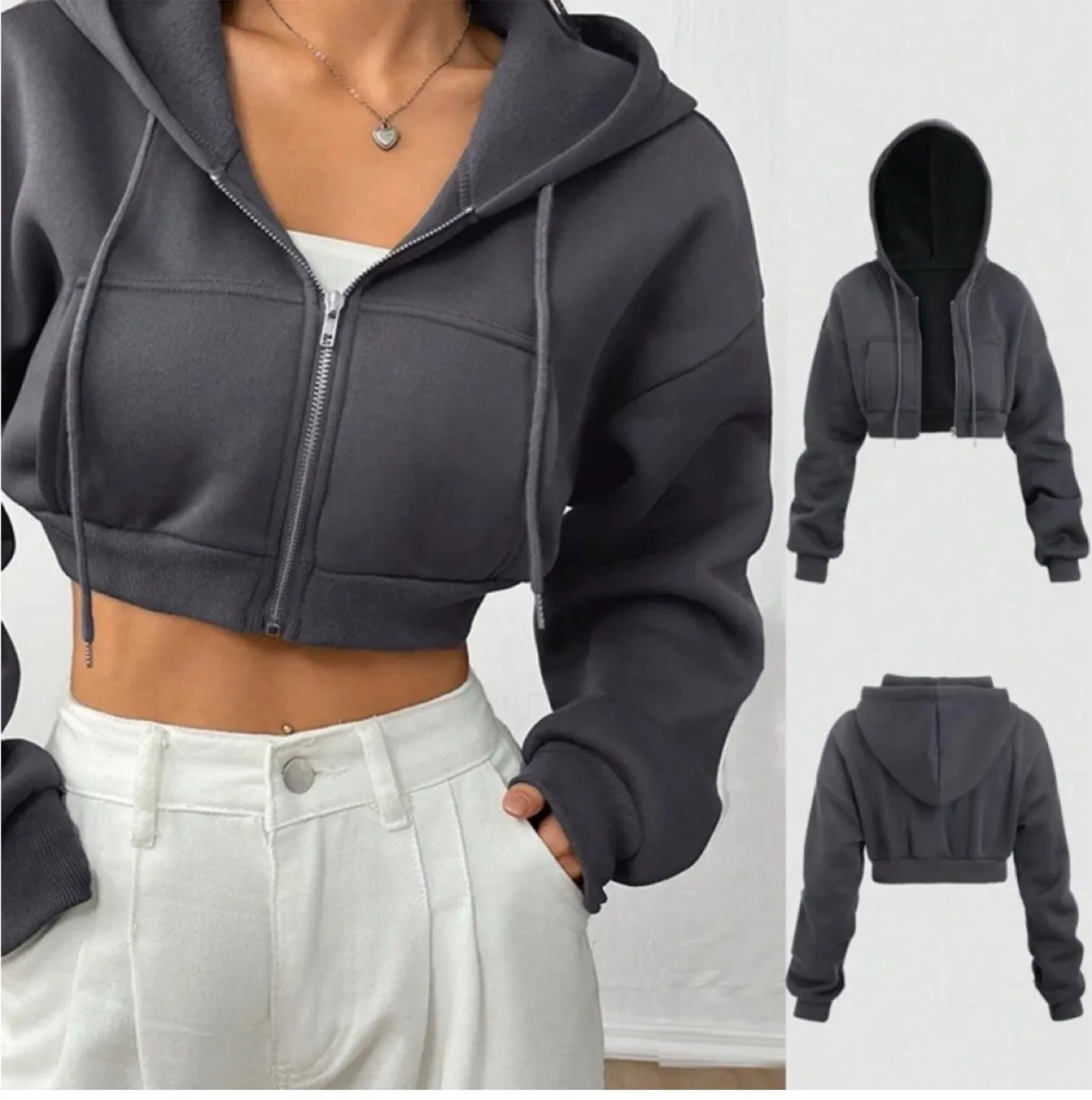 Shein Grey Cropped Zip-Up Hoodie, Size 8/10 thumbnail