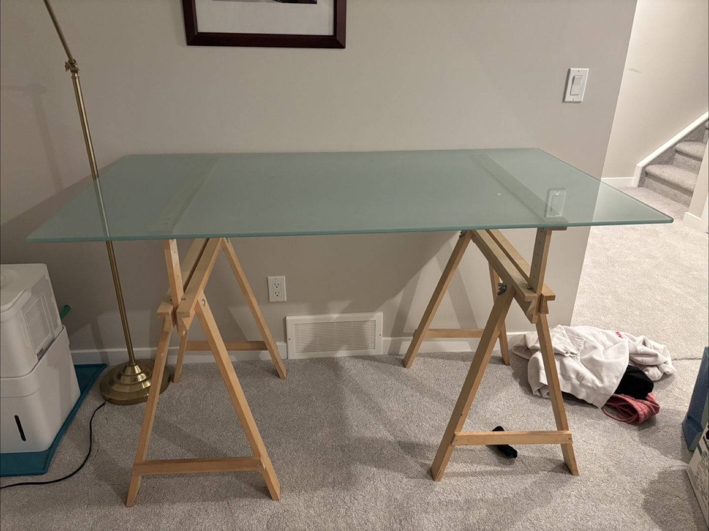 Glass Top Desk with Wooden Trestle Legs