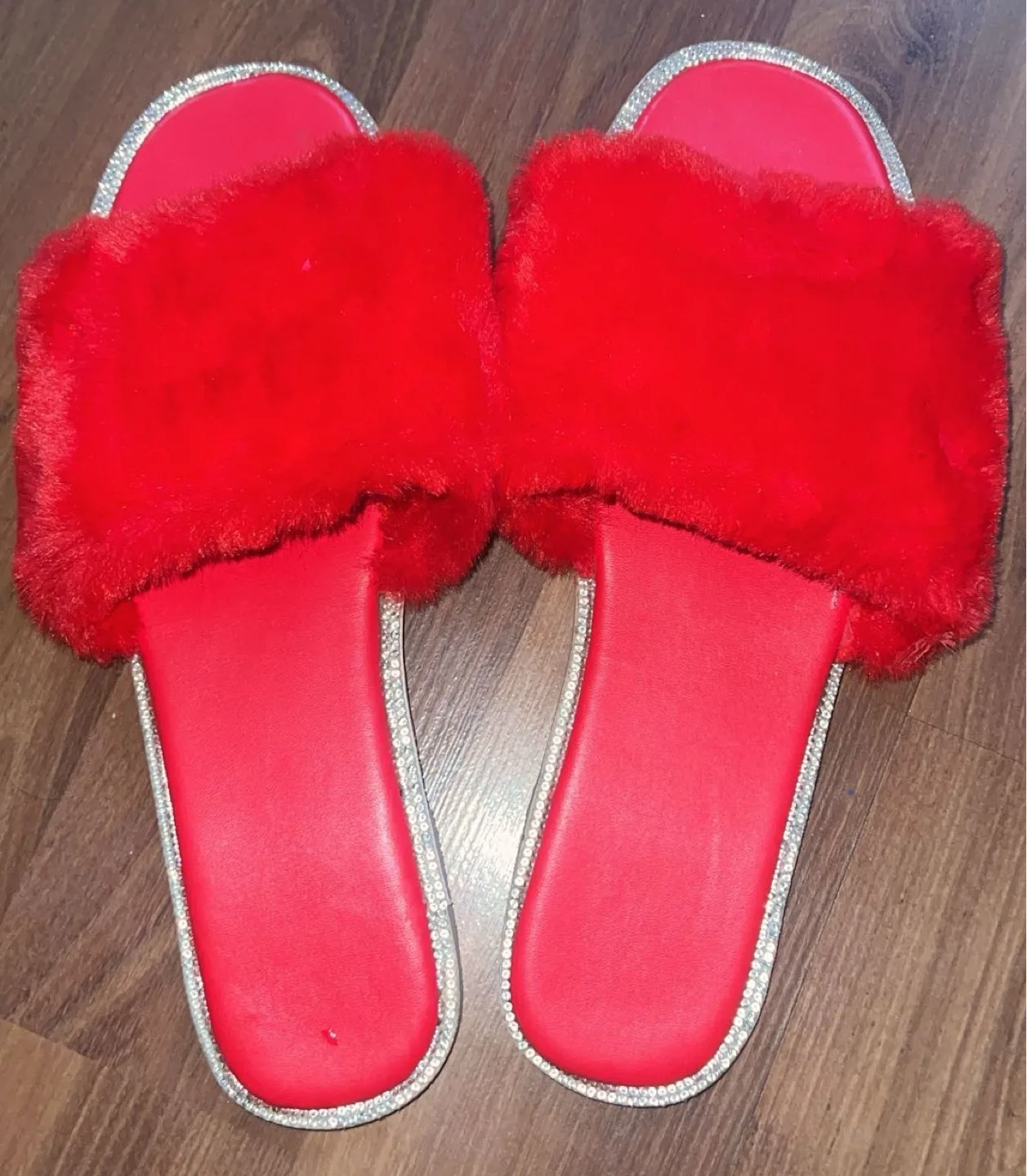 Red Furry Rhinestone Slides thumbnail