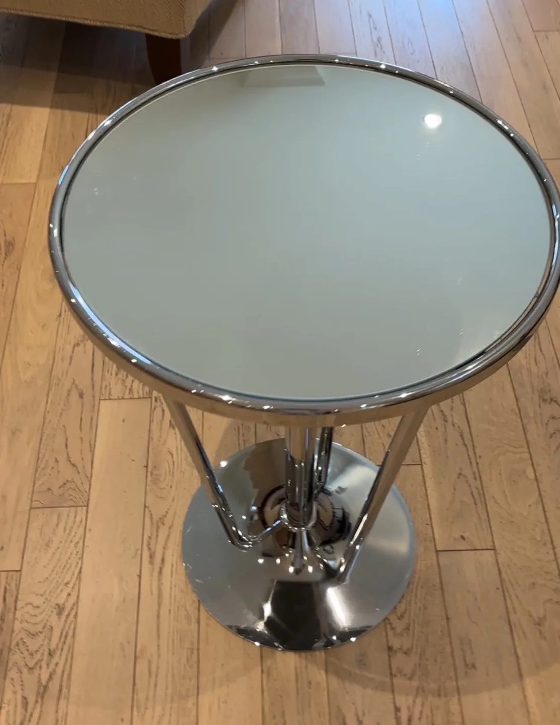 Set of 2 mirror top end tables EUC, 18” diameter, 26” high image indicator(3)