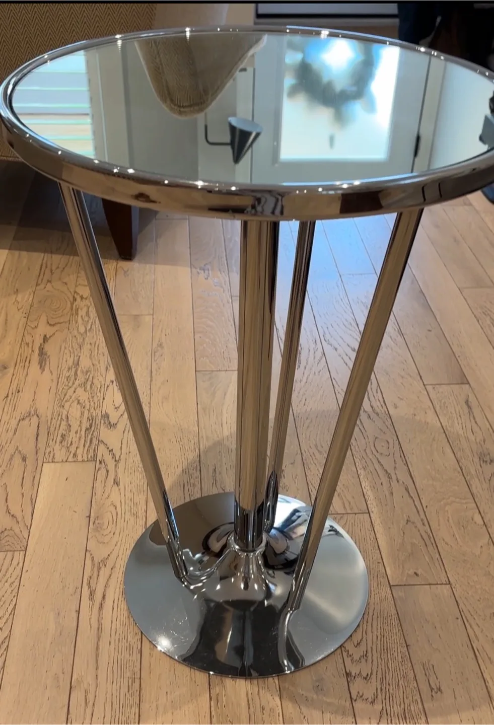 Set of 2 mirror top end tables EUC, 18” diameter, 26” high image indicator(2)