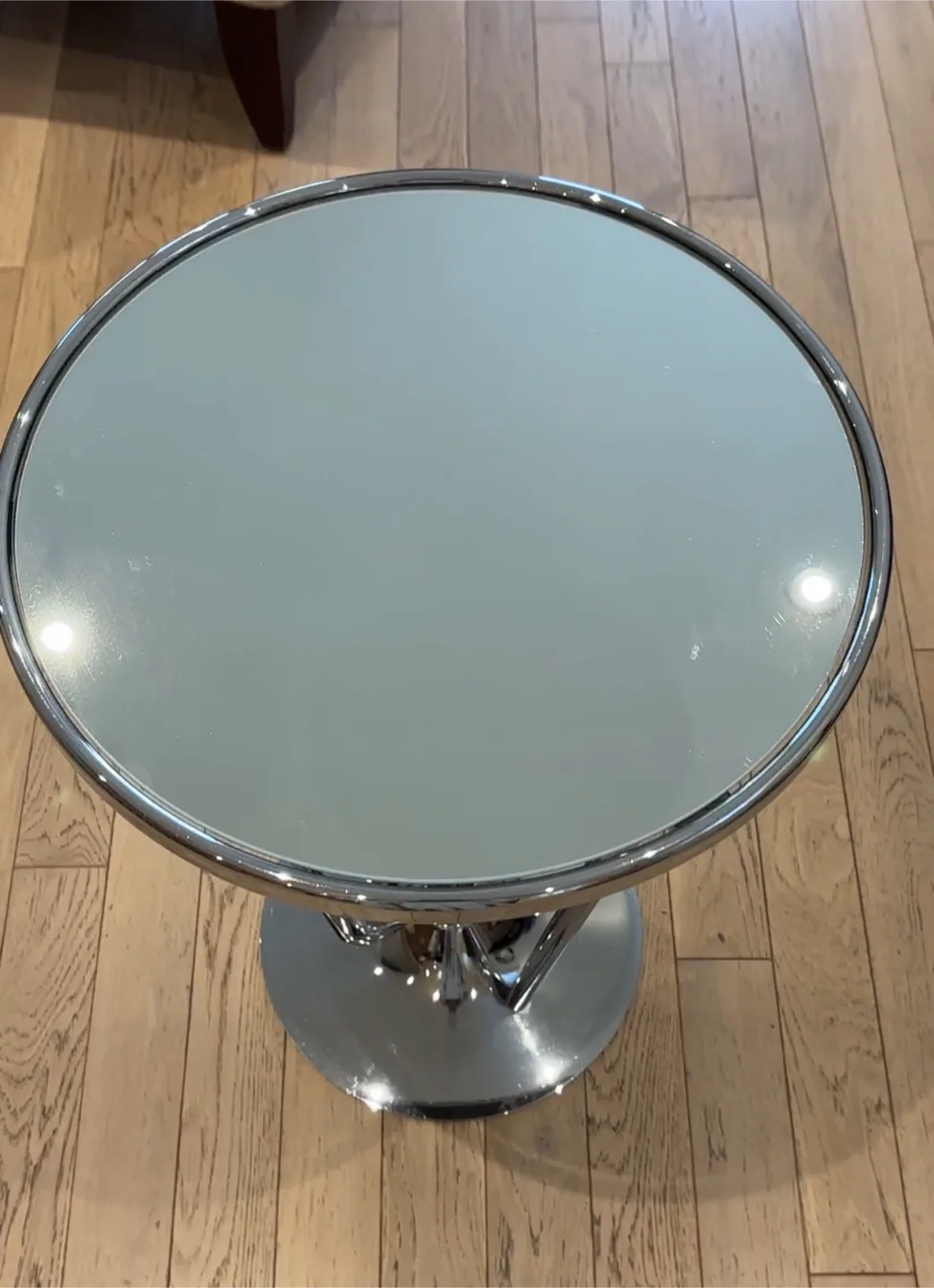 Set of 2 mirror top end tables EUC, 18” diameter, 26” high image indicator(4)