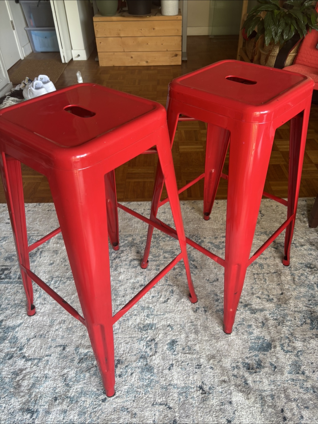 Pair of Red Metal Bar Stools
