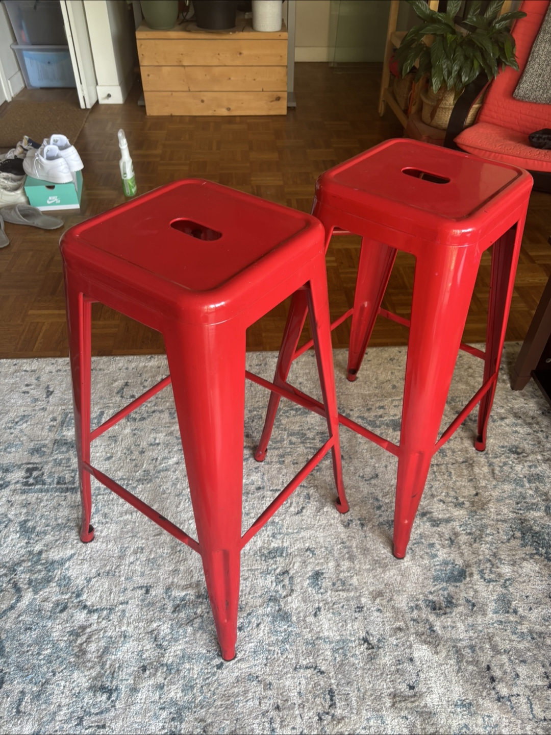 Pair of Red Metal Bar Stools - photo 3