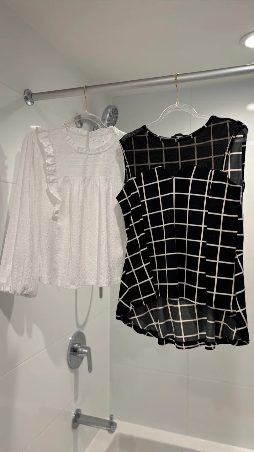 2 blouses, black grid & white ruffle 👚