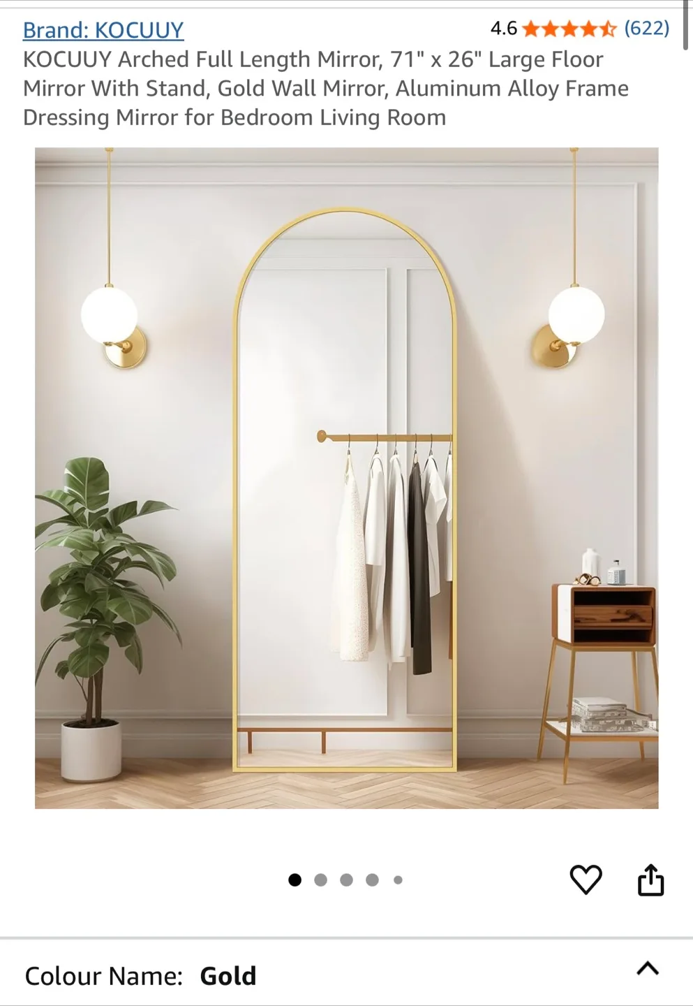 Large Arched Full Length Gold Mirror, 71"