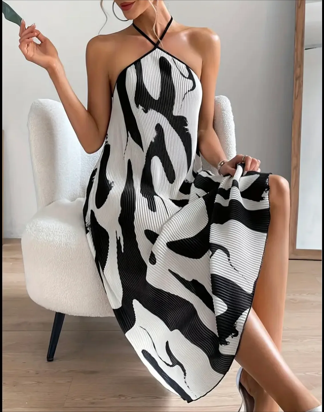 Black & White Halter Pleated Dress NEW thumbnail