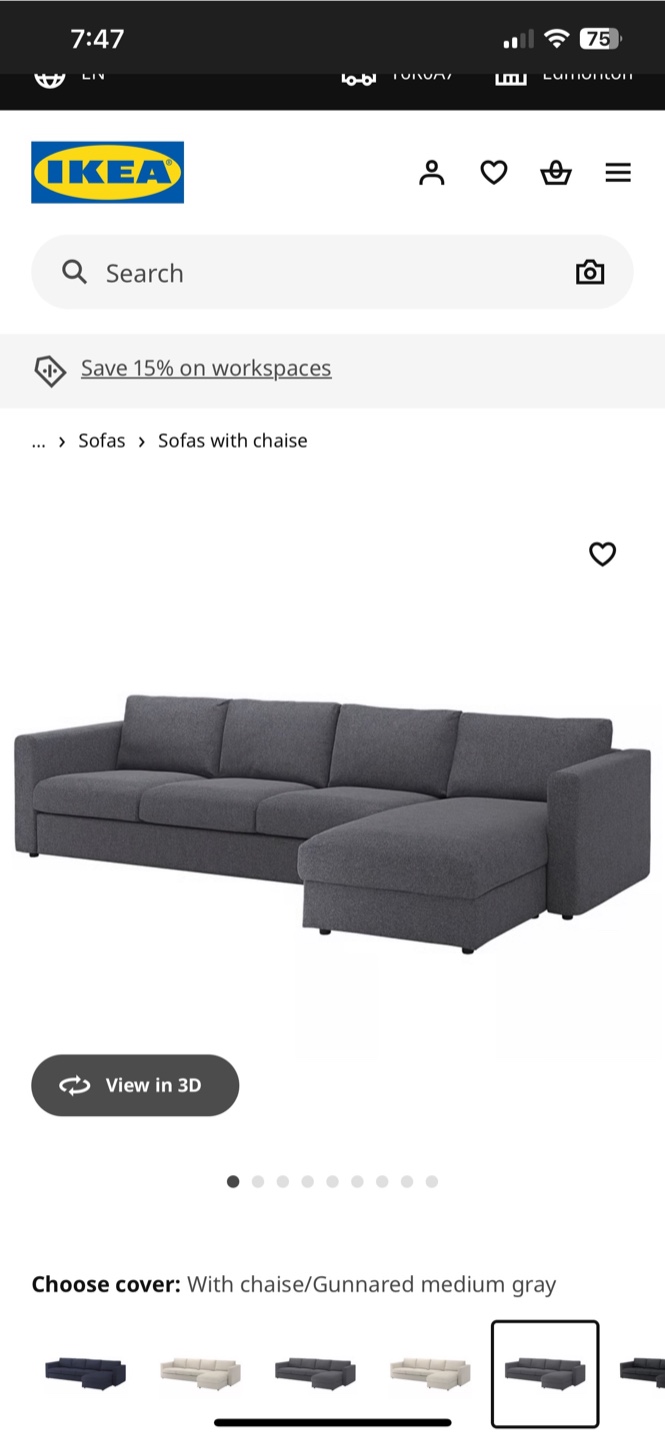 IKEA FINNALA Sofa with Chaise - Medium Gray