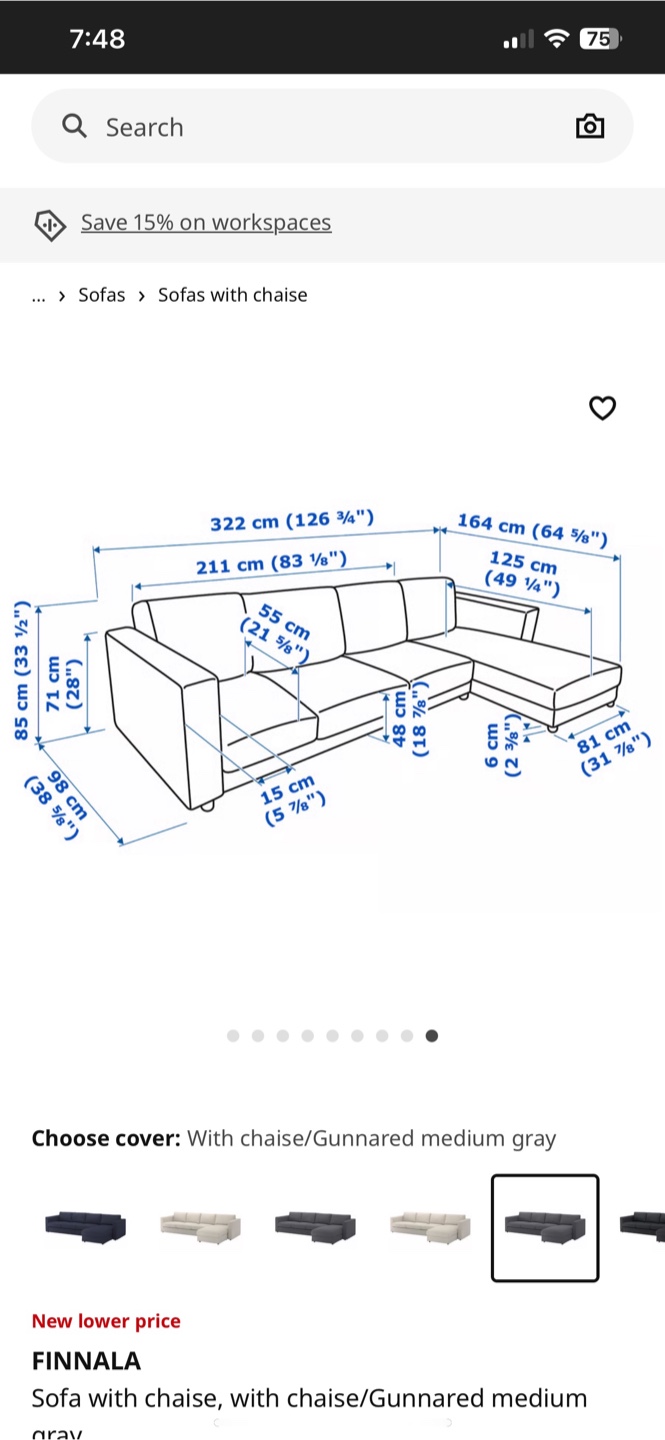 IKEA FINNALA Sofa with Chaise - Medium Gray - photo 2