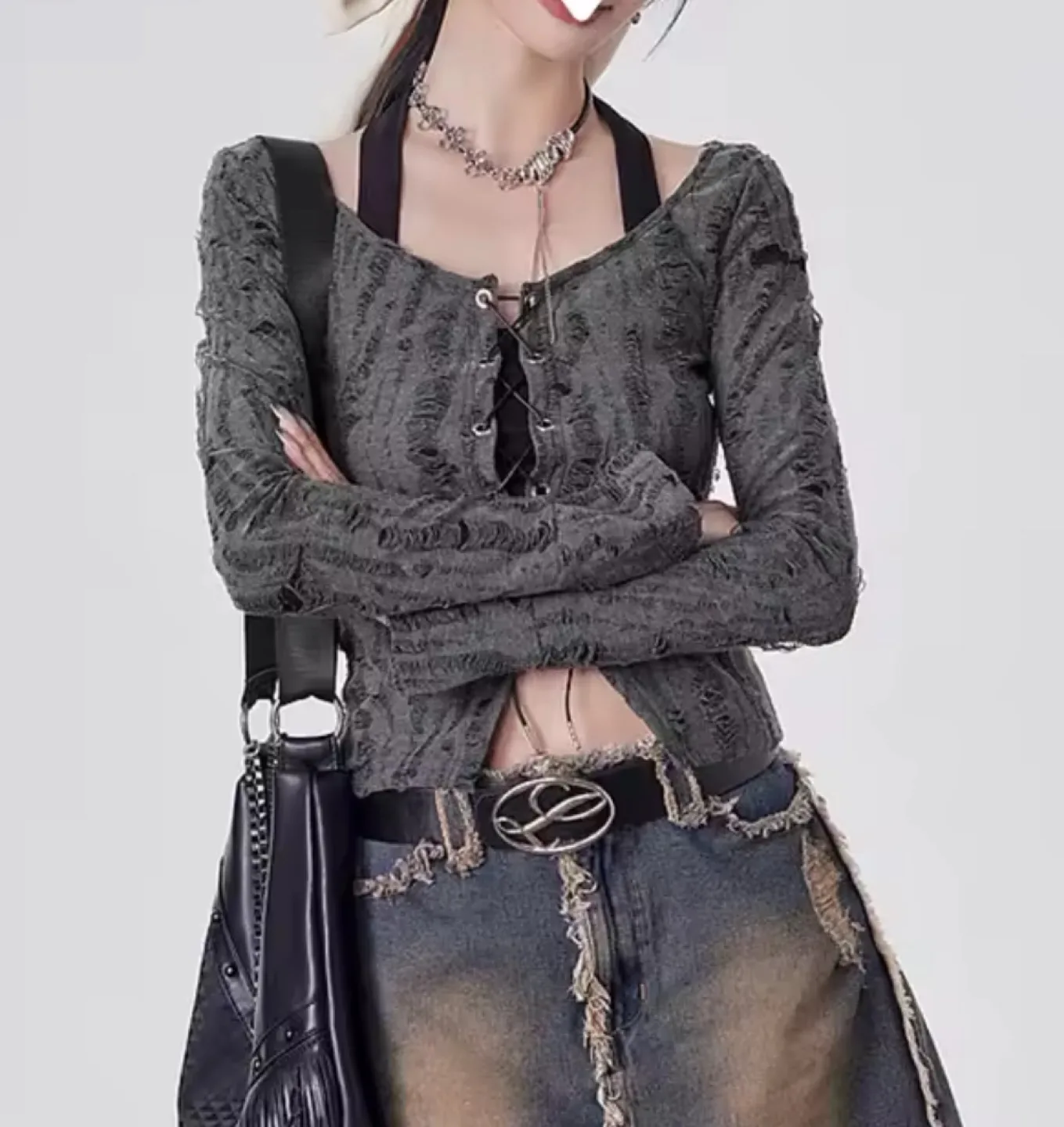 Grey Lace-Up Long Sleeve Top thumbnail