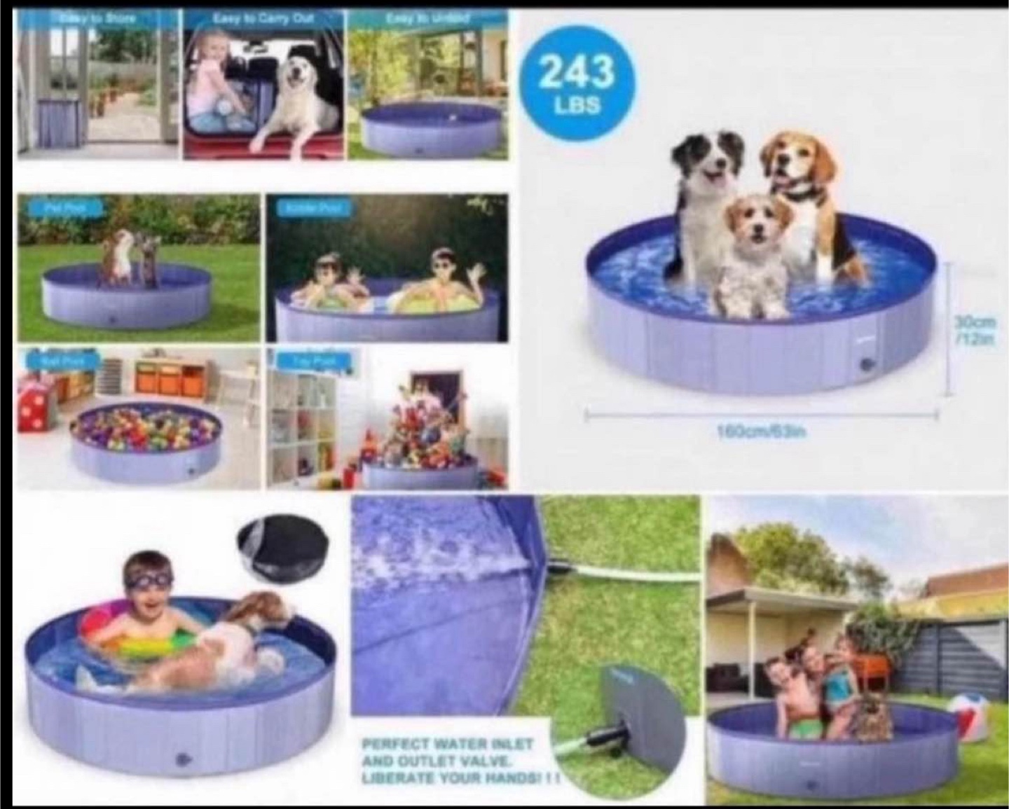 63” Portable Pool With Cover For Kids Or Pets