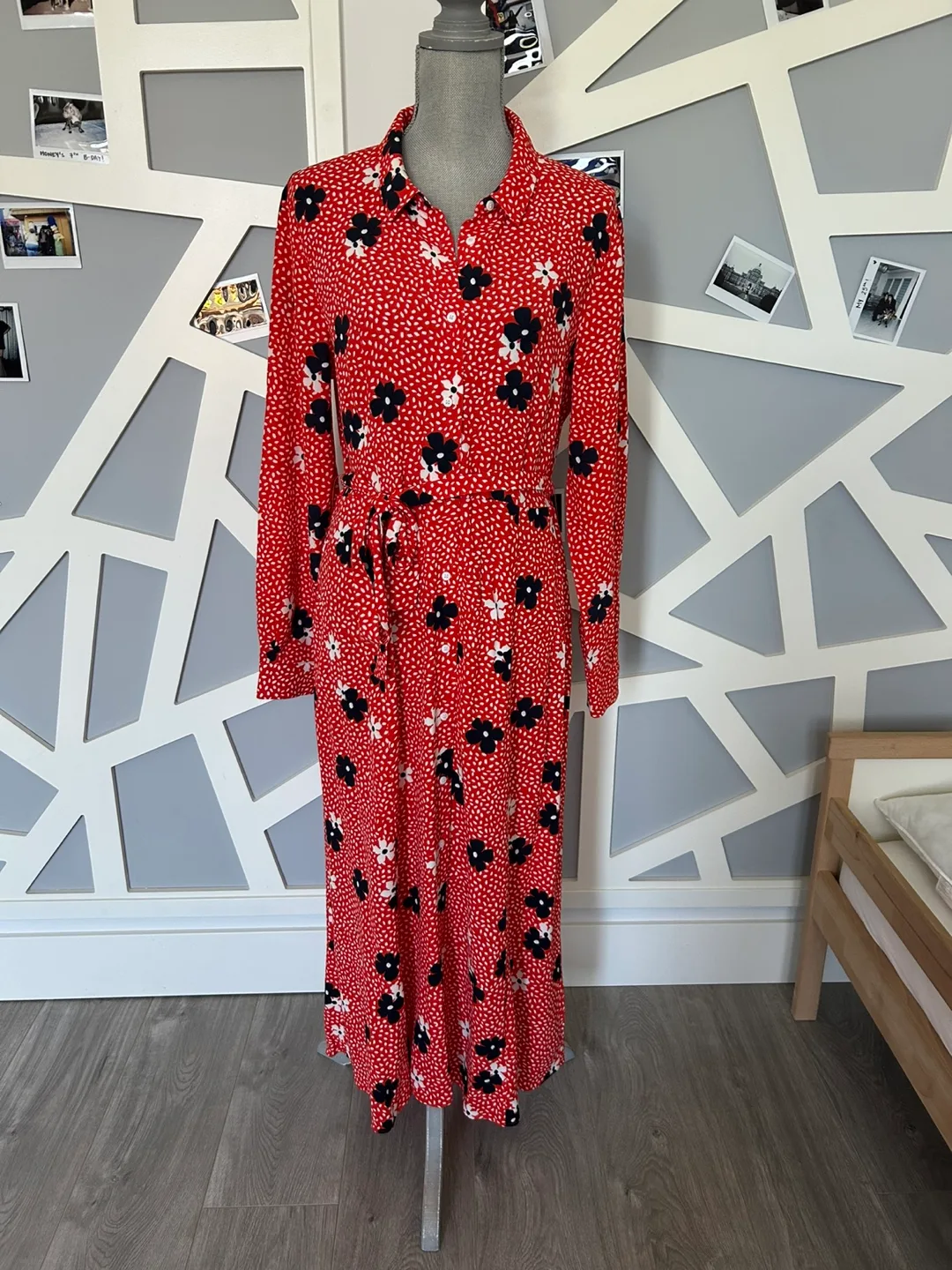 Red Floral Print Midi Shirt Dress