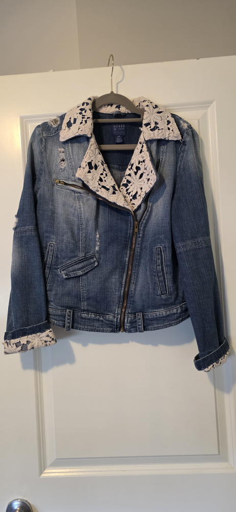 Guess Denim Jacket with Crochet Trim, Size S
