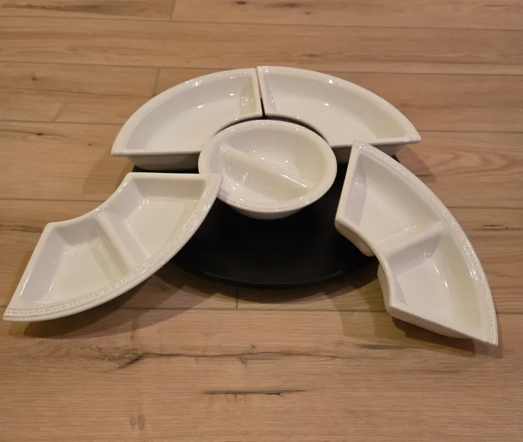 Lazy Susan Ceramic Serving Set with 5 pc on Wooden Rack image indicator(3)