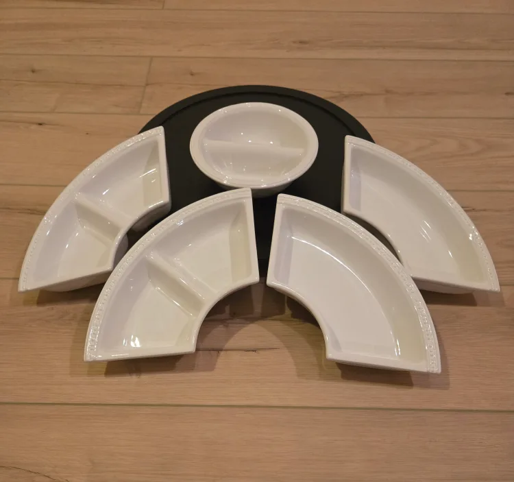 Lazy Susan Ceramic Serving Set with 5 pc on Wooden Rack image indicator(4)