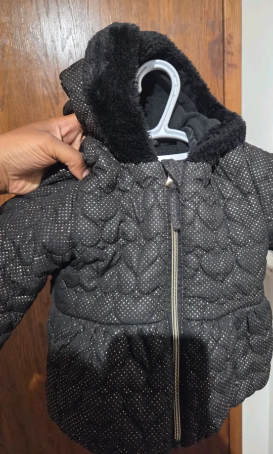 Black Quilted Baby Jacket with Fur Hood image indicator(2)
