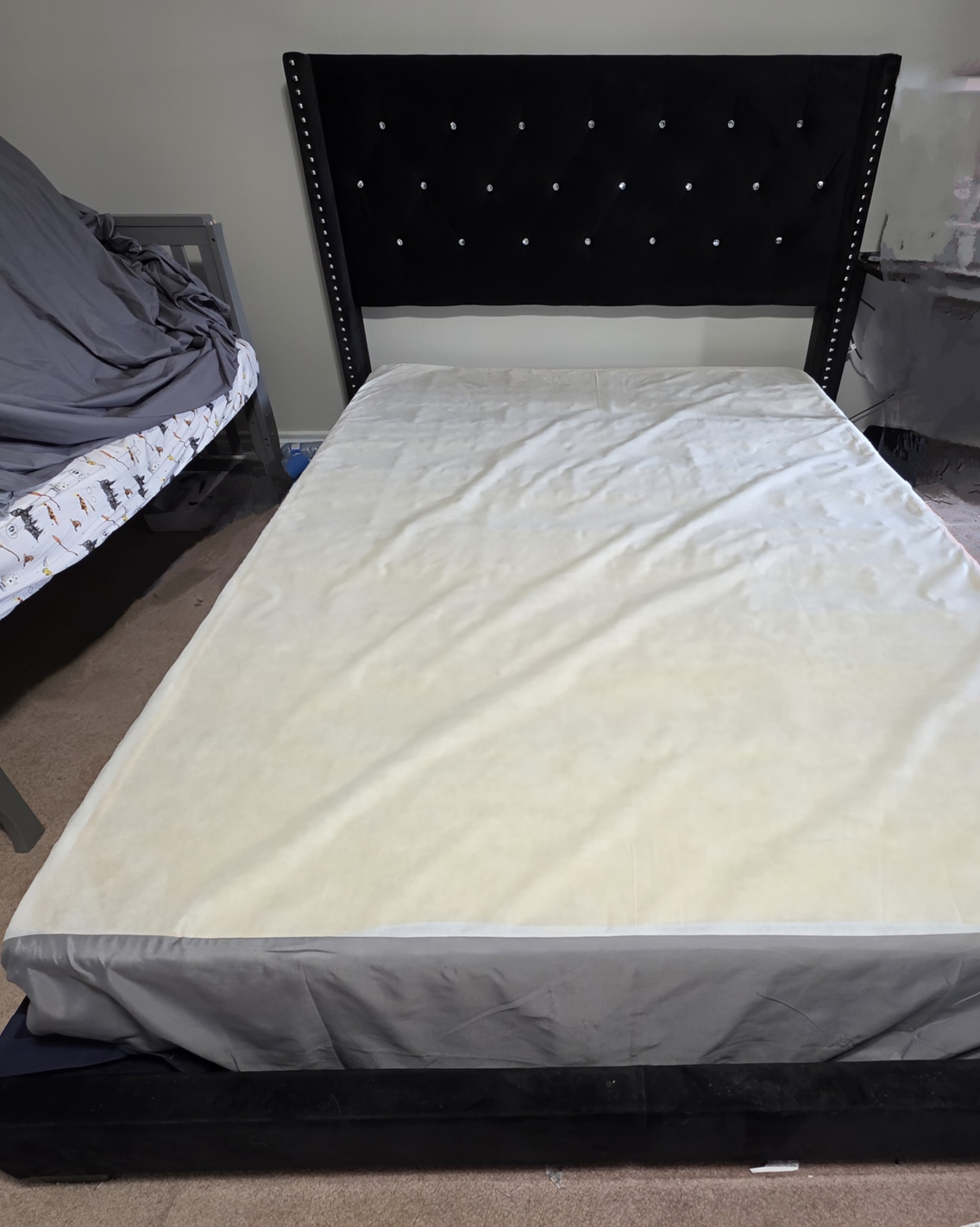 Black Velvet Queen Bed Frame with Headboard - photo 3