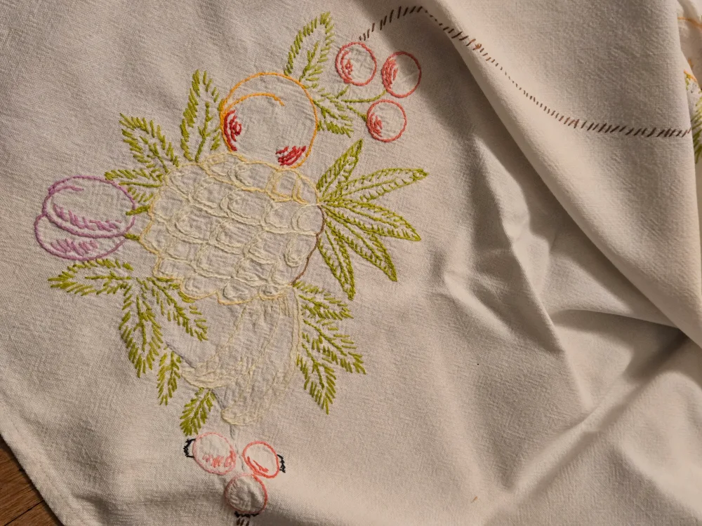 vintage linen tablecloth fruit embroidery thumbnail