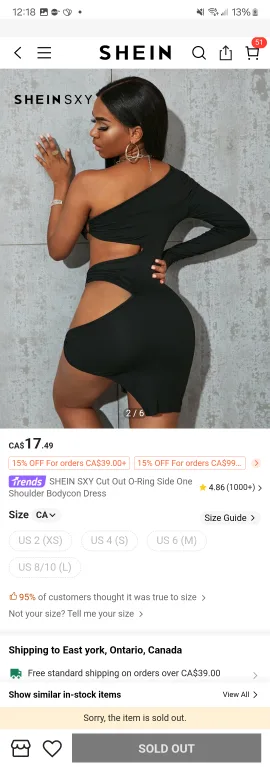 SHEIN Black Cut Out O-Ring Side One Shoulder Dress - L image indicator(3)