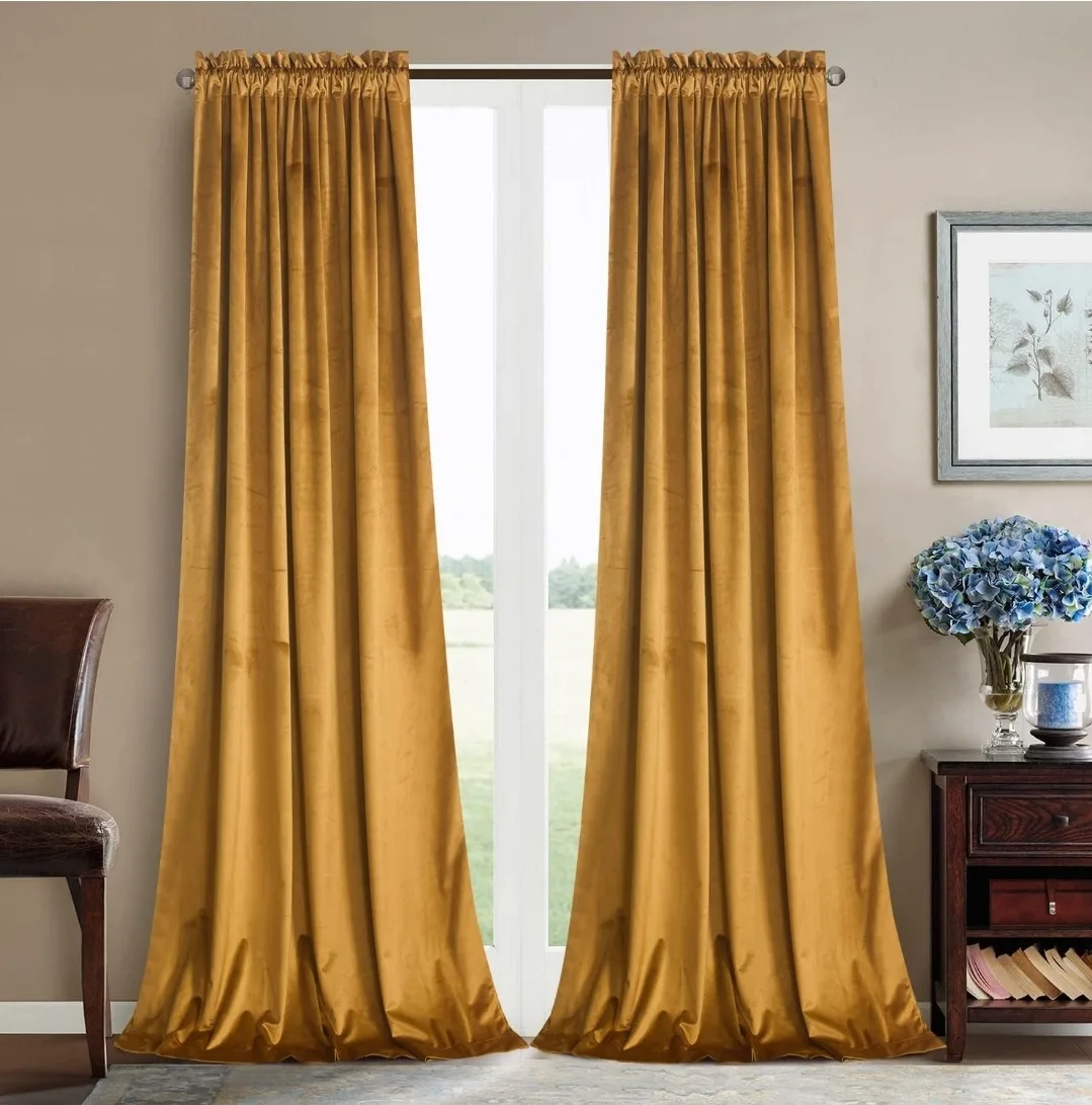 Mustard Velvet Blackout Curtains, 2 Panels 52x96, Blackout thumbnail