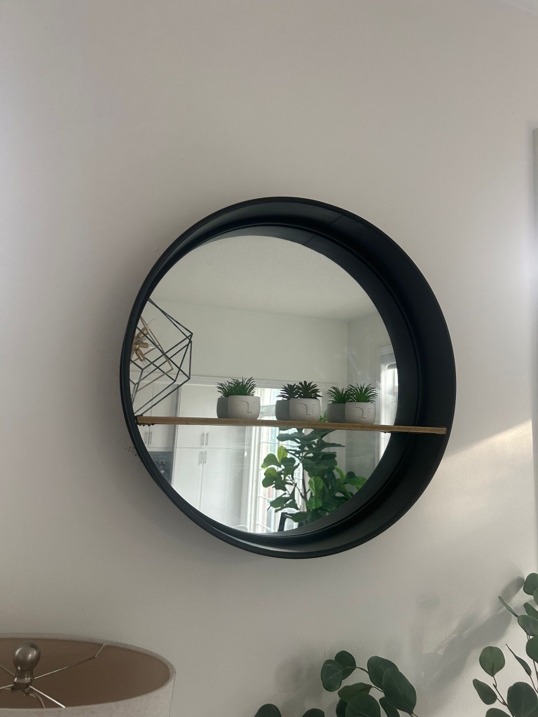 Round Black Wall Mirror with Shelf