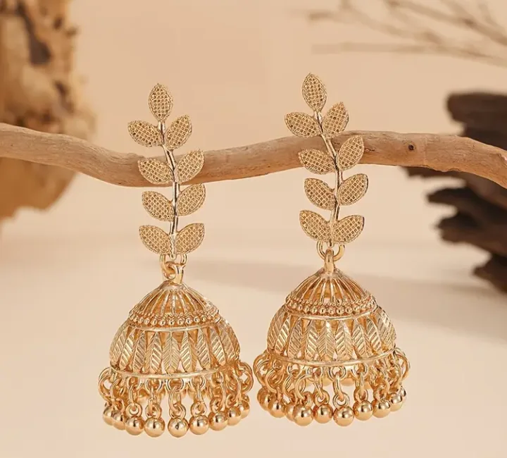 Gold tkne Jhumka Earrings with Leaf Detail thumbnail