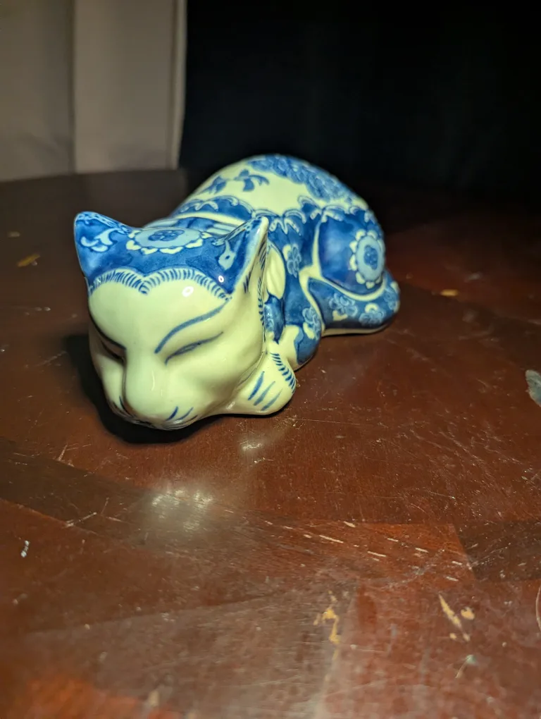 Vintage Blue & White Porcelain Cat Figurine thumbnail