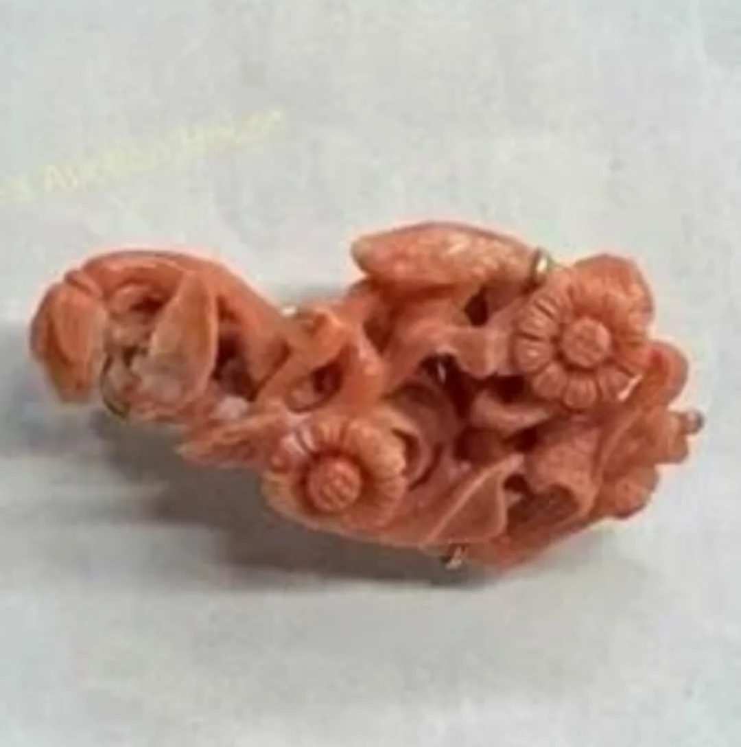 Coral Carved Brooch Pin 925 Silver Gold Plated thumbnail