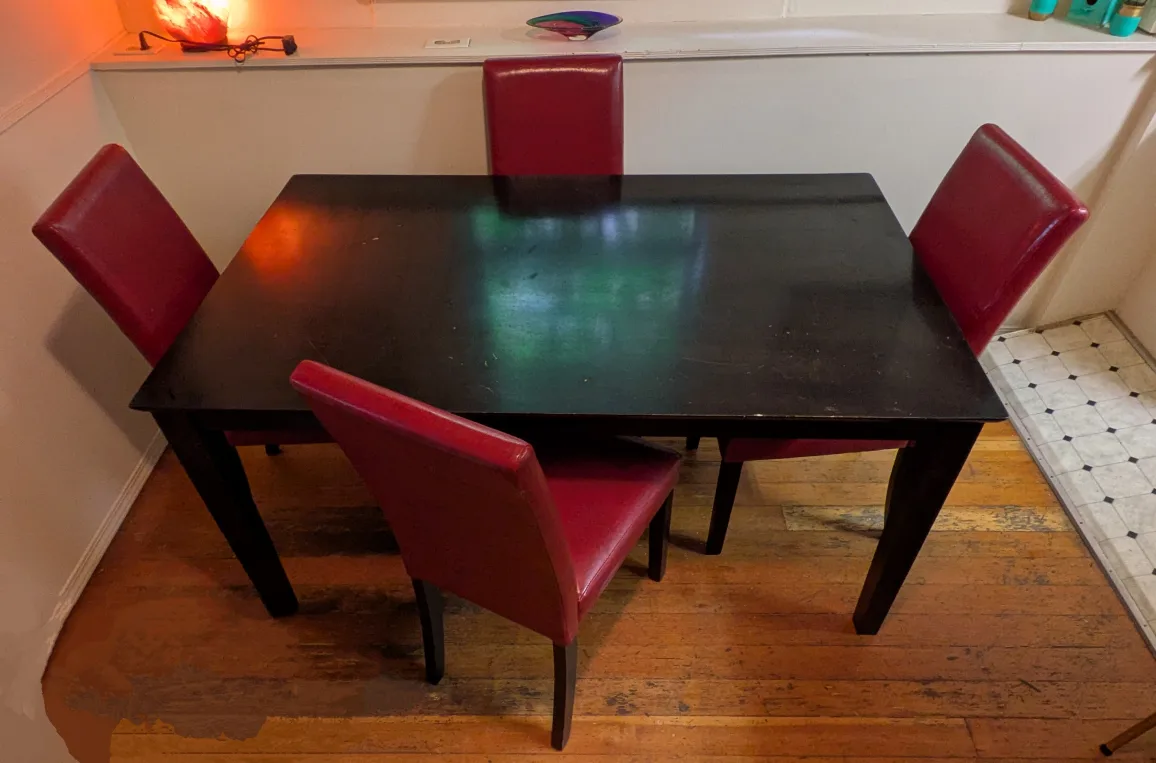 Dining Table with 4 Red Chairs thumbnail