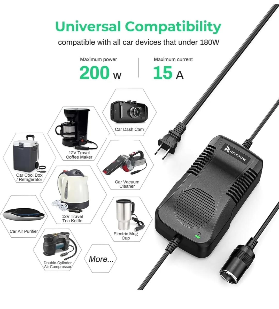 RoyPow 180W 15A AC to DC Power Supply Converter – 12V Car Socket image indicator(4)