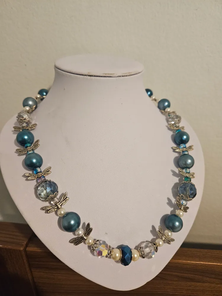 Teal Beaded Necklace with Dragonfly Charms thumbnail