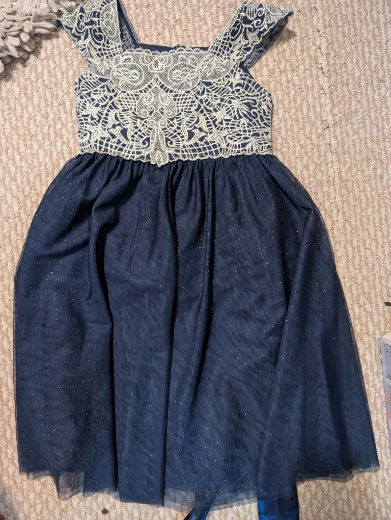 Worn once size 6 girls Navy Blue Dress with Lace Detail thumbnail