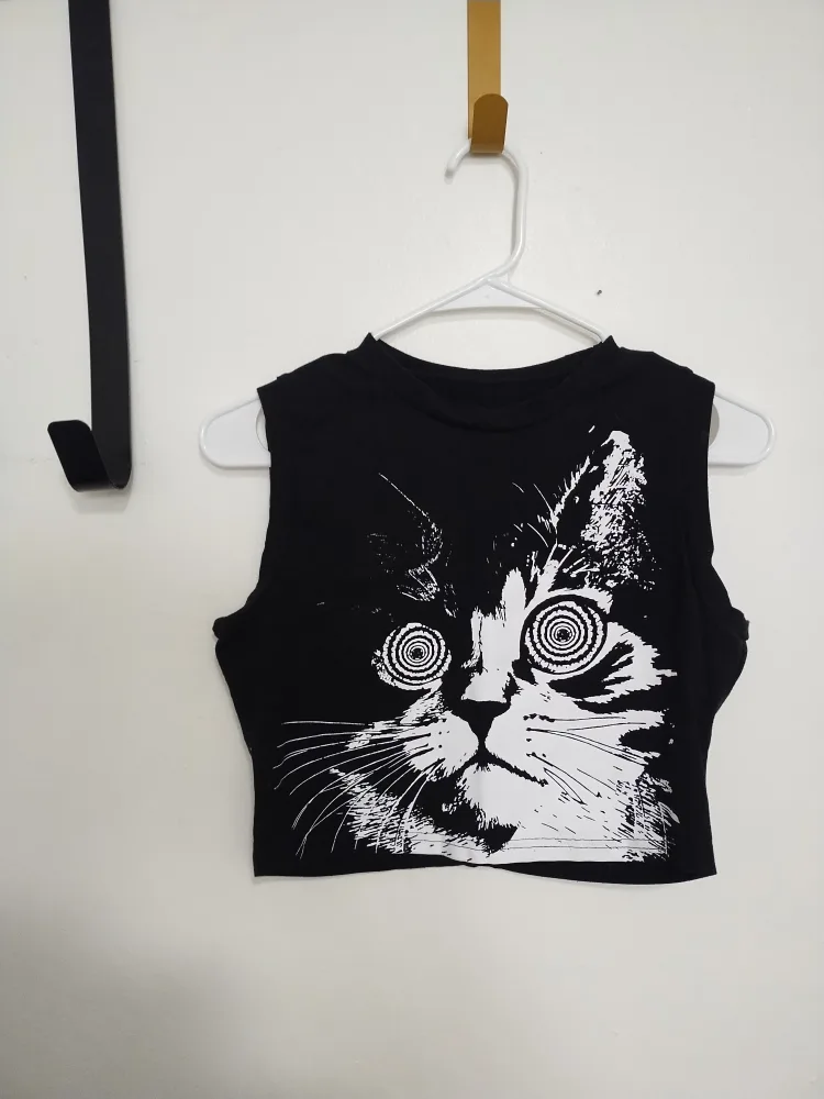 Black hypnotic Cat Print Crop Top image indicator(2)