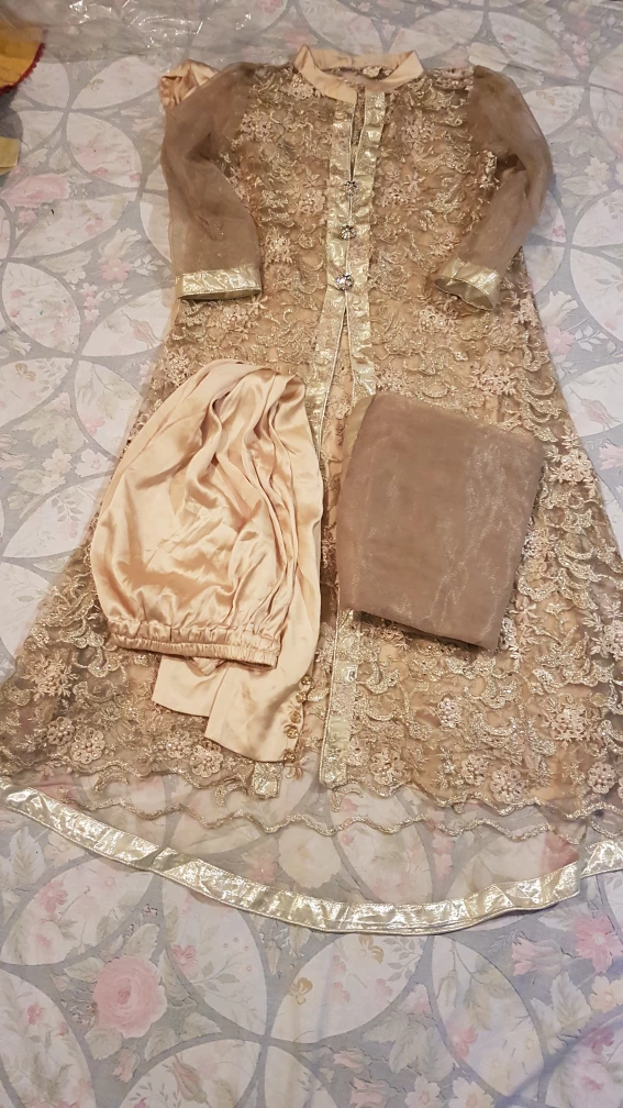 Gold Embroidered Dress with Pants & Scarf