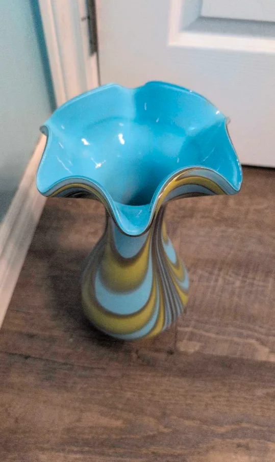 12" Hand-Blown Art Glass Vase – Blue & Yellow-Green Flared Top thumbnail