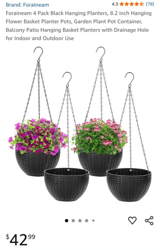 Foraineam 4-Pack Black Hanging Planters, 8.2 inch