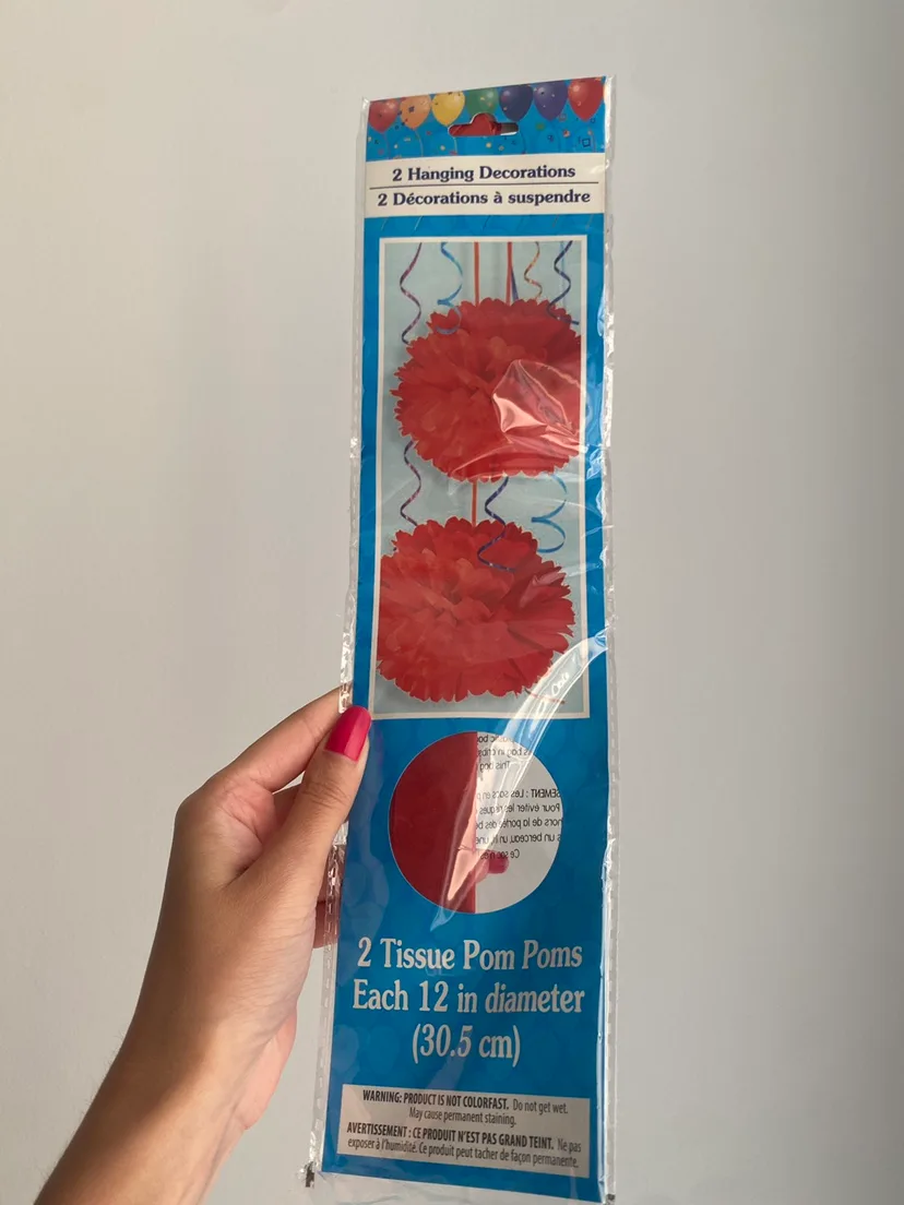 2 Red Tissue Pom Poms - 12 inch diameter thumbnail