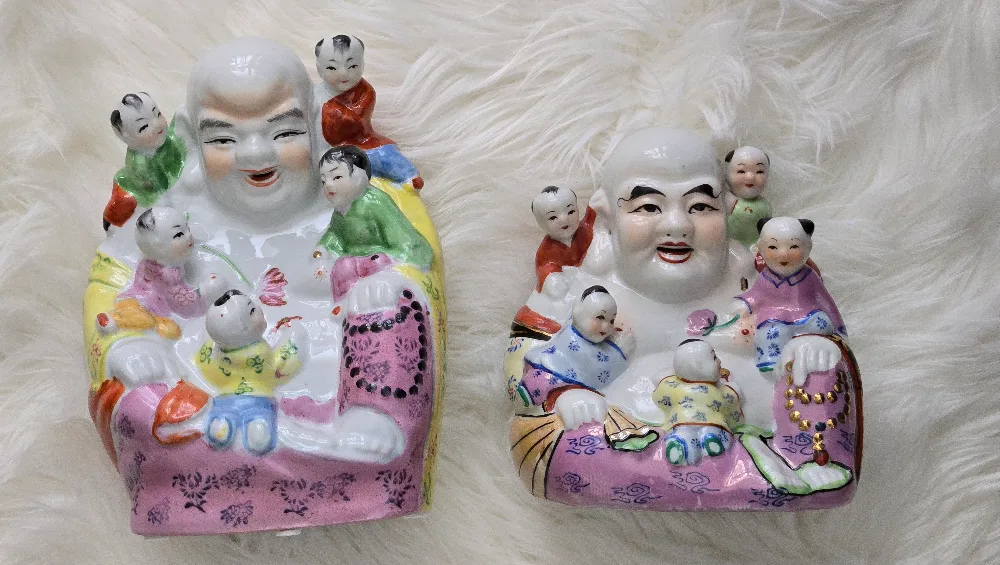 2 Vintage Laughing Buddha Chinese porcelain statues thumbnail